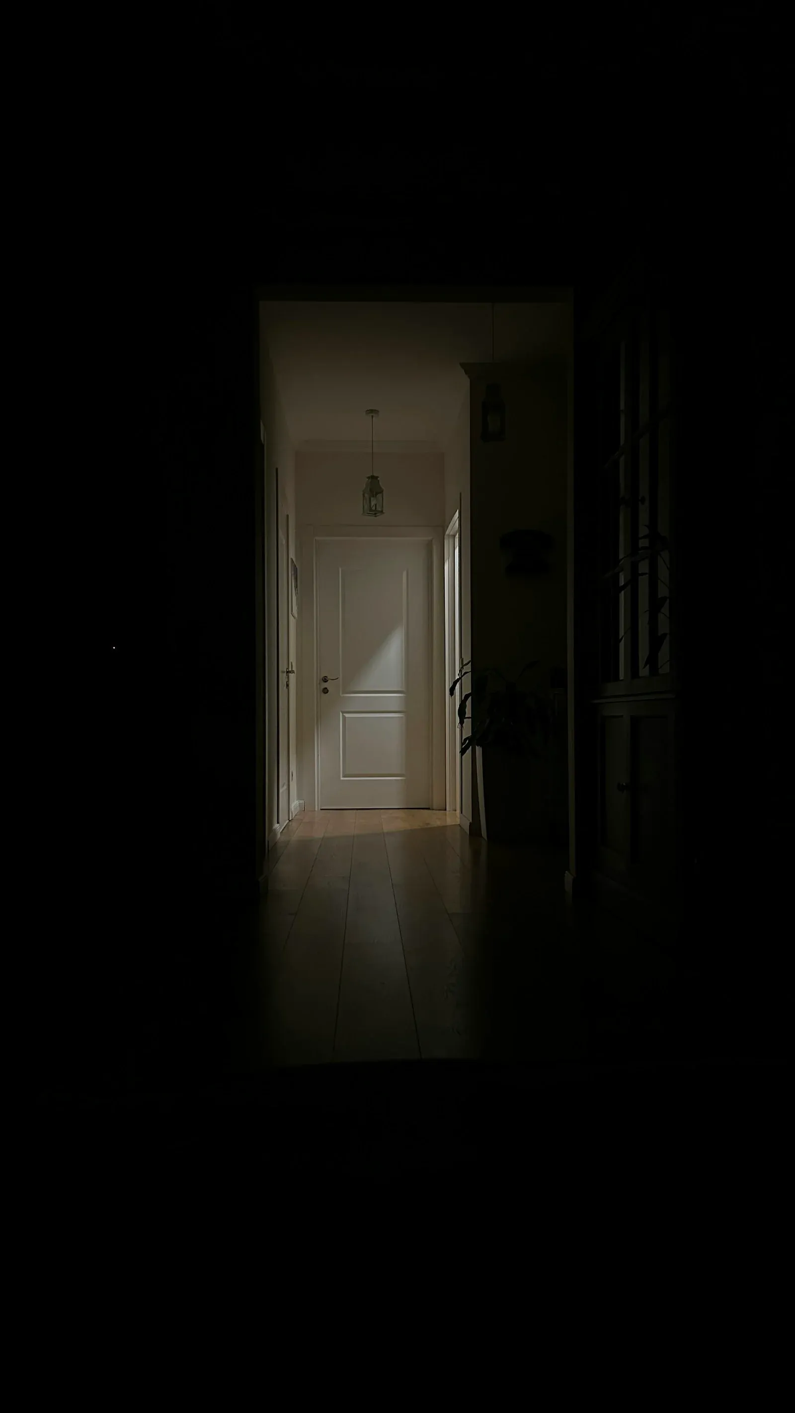 Hol întunecat cu o ușă întredeschisă prin care intră lumină